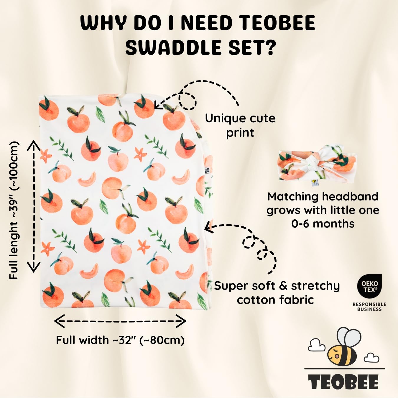 TeoBee Peach Swaddle and Headband Set 0-6 Months