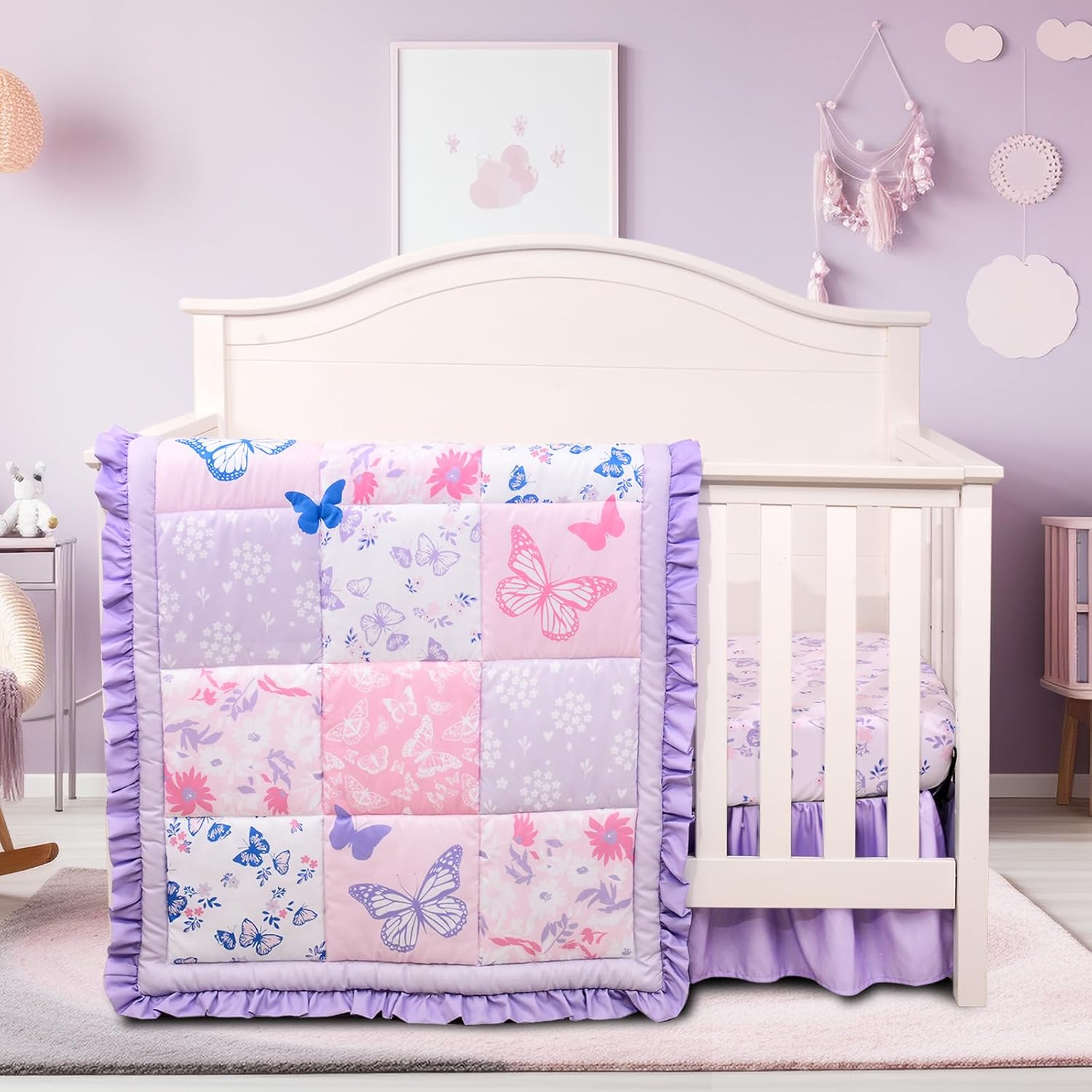 Cloele Floral Butterfly Crib Bedding Set for Girls 3 Pieces Purple