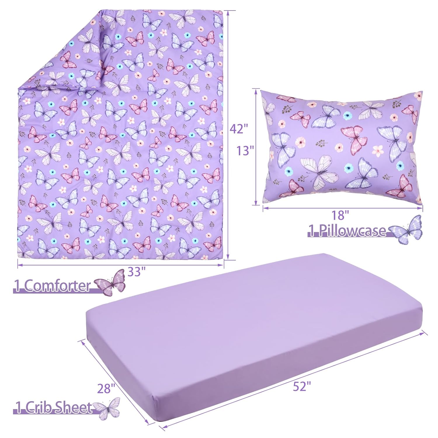 JISEN 3 Piece Crib Bedding Set Butterfly Comforter Set Purple