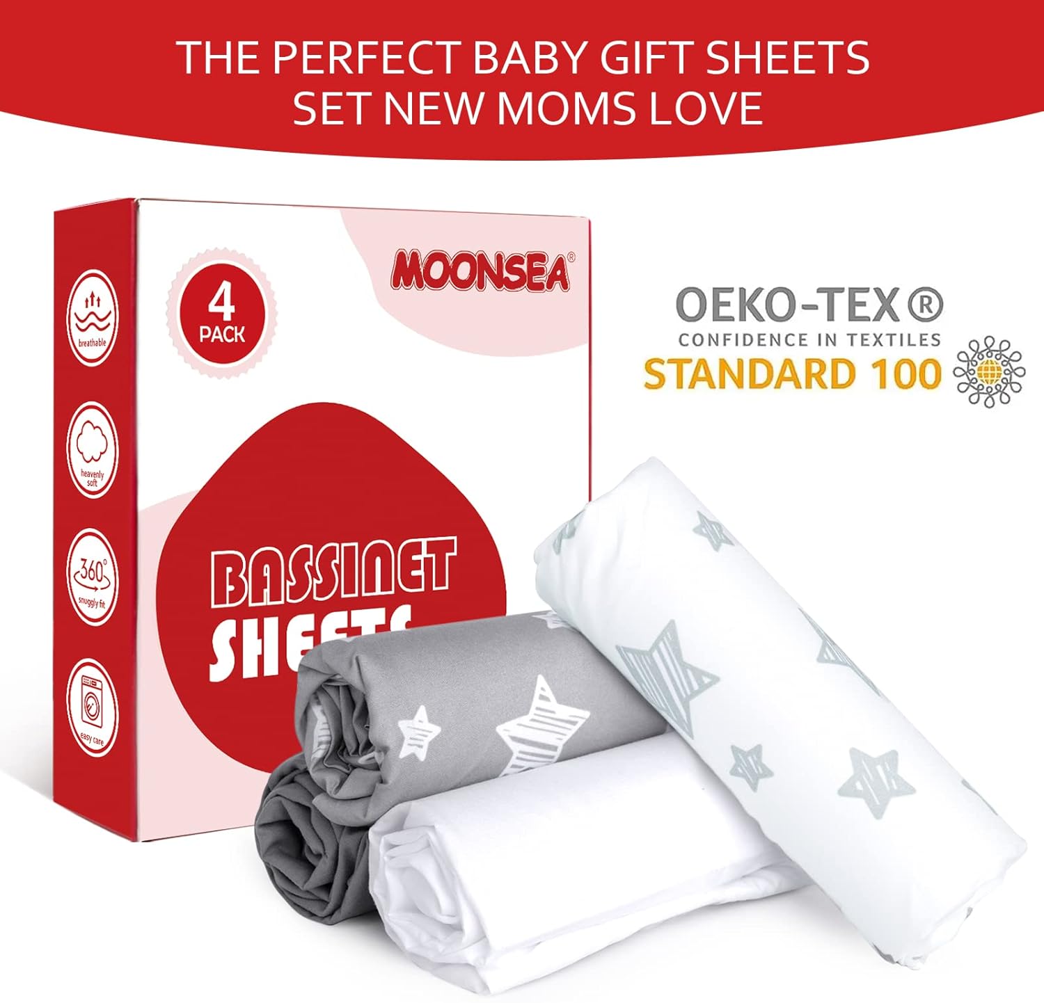 Moonsea Bassinet Sheets 4 Pack - Grey 33 x 20