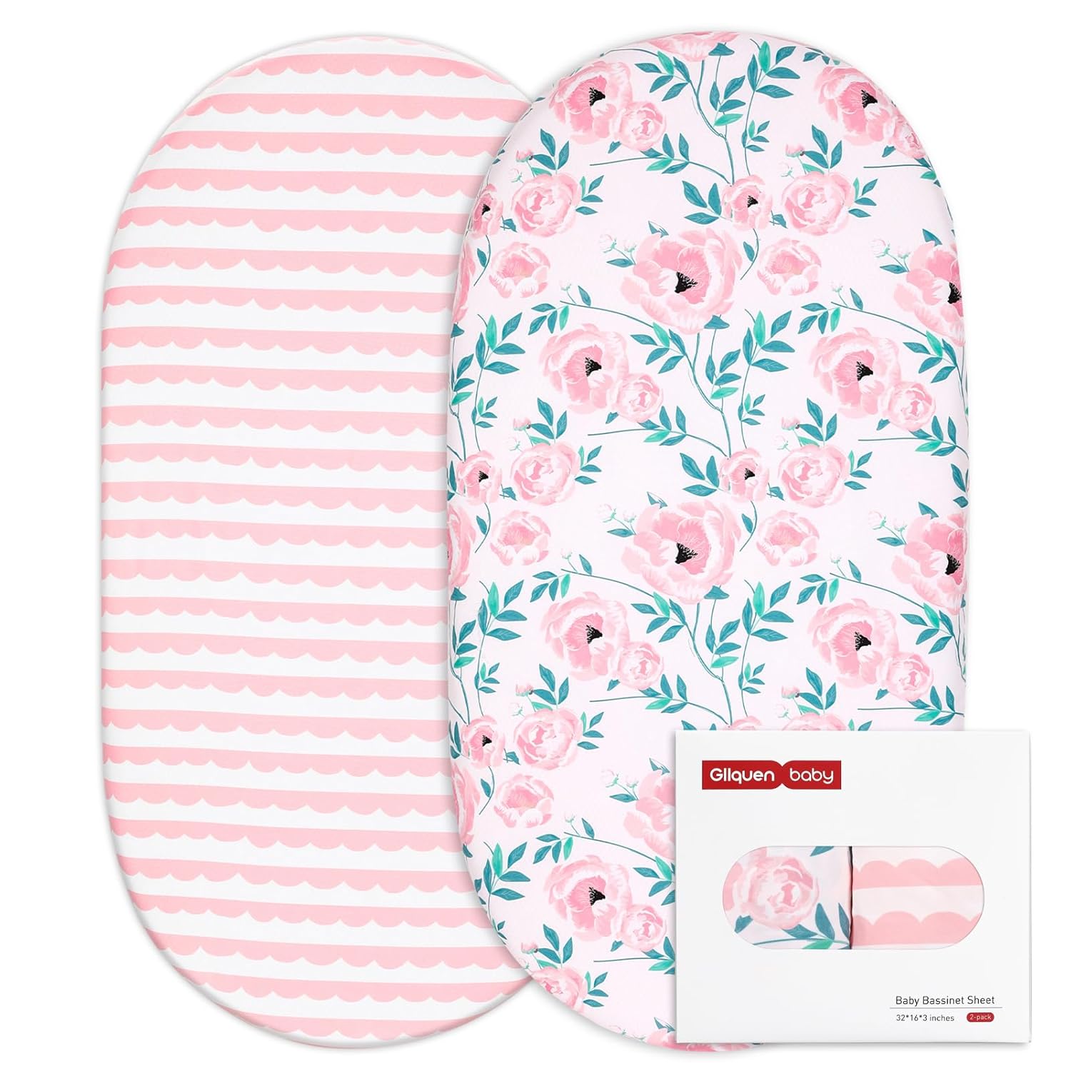 GLLQUEN Baby Bassinet Sheets Set 2-Pack with Pink Flower Design