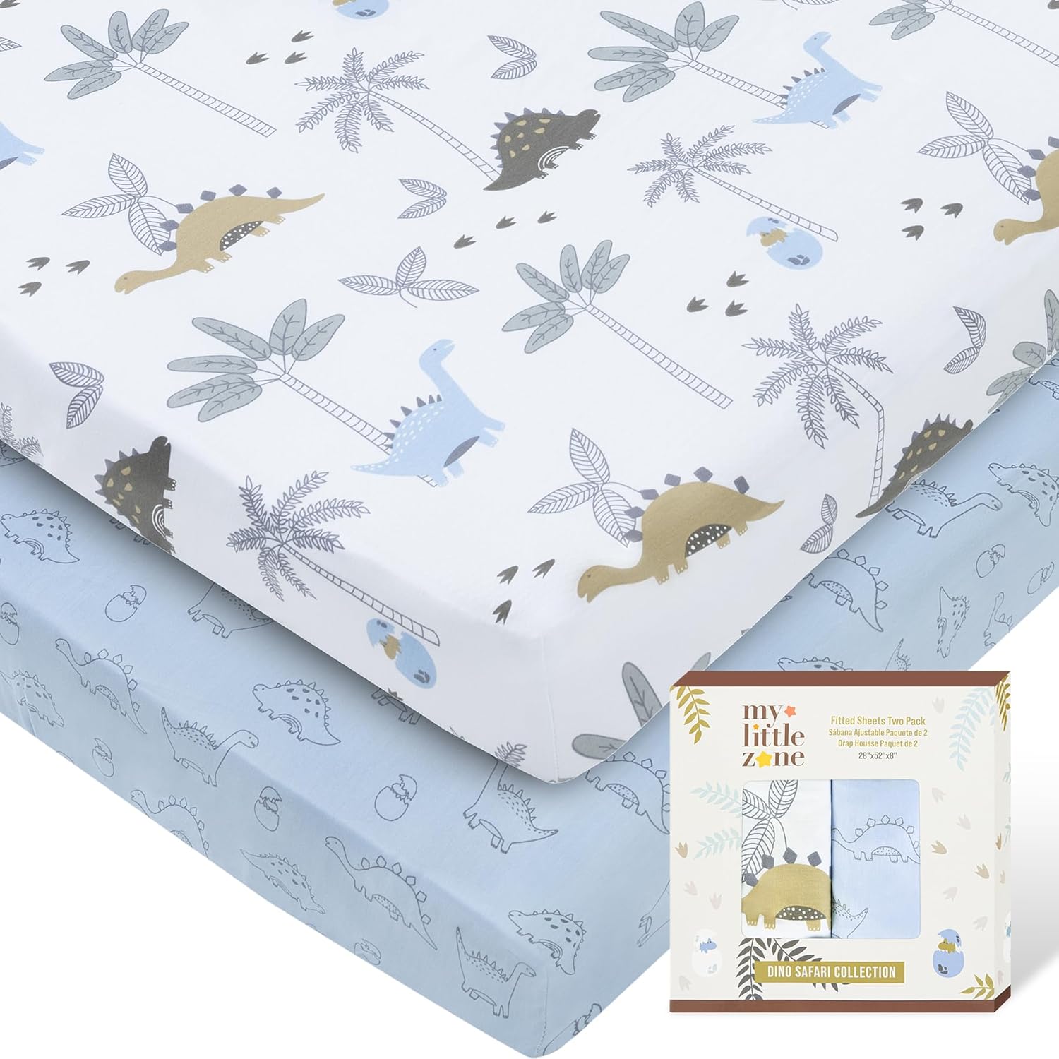 100 Cotton Crib Fitted Sheets Dinosaur Design 2 Pack