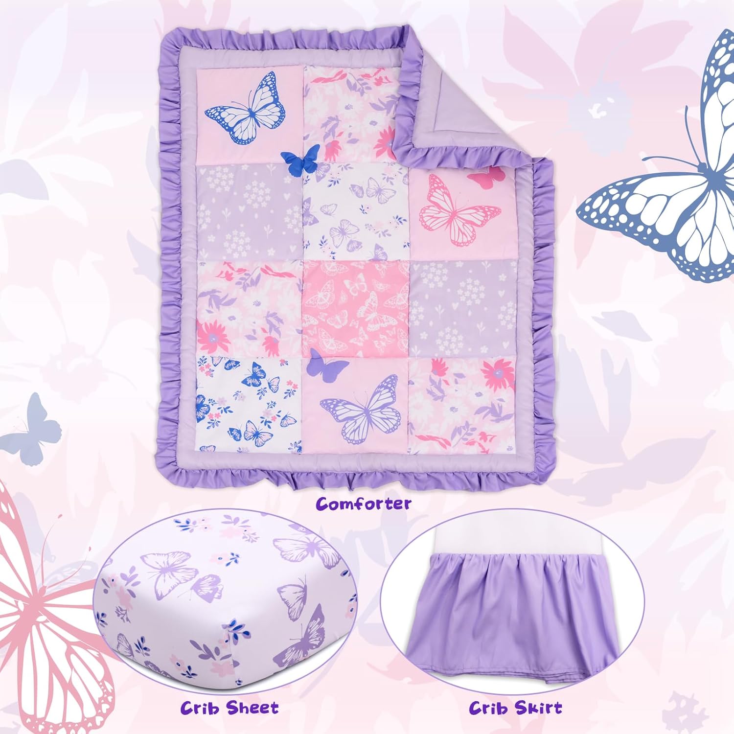 Cloele Floral Butterfly Crib Bedding Set for Girls 3 Pieces Purple