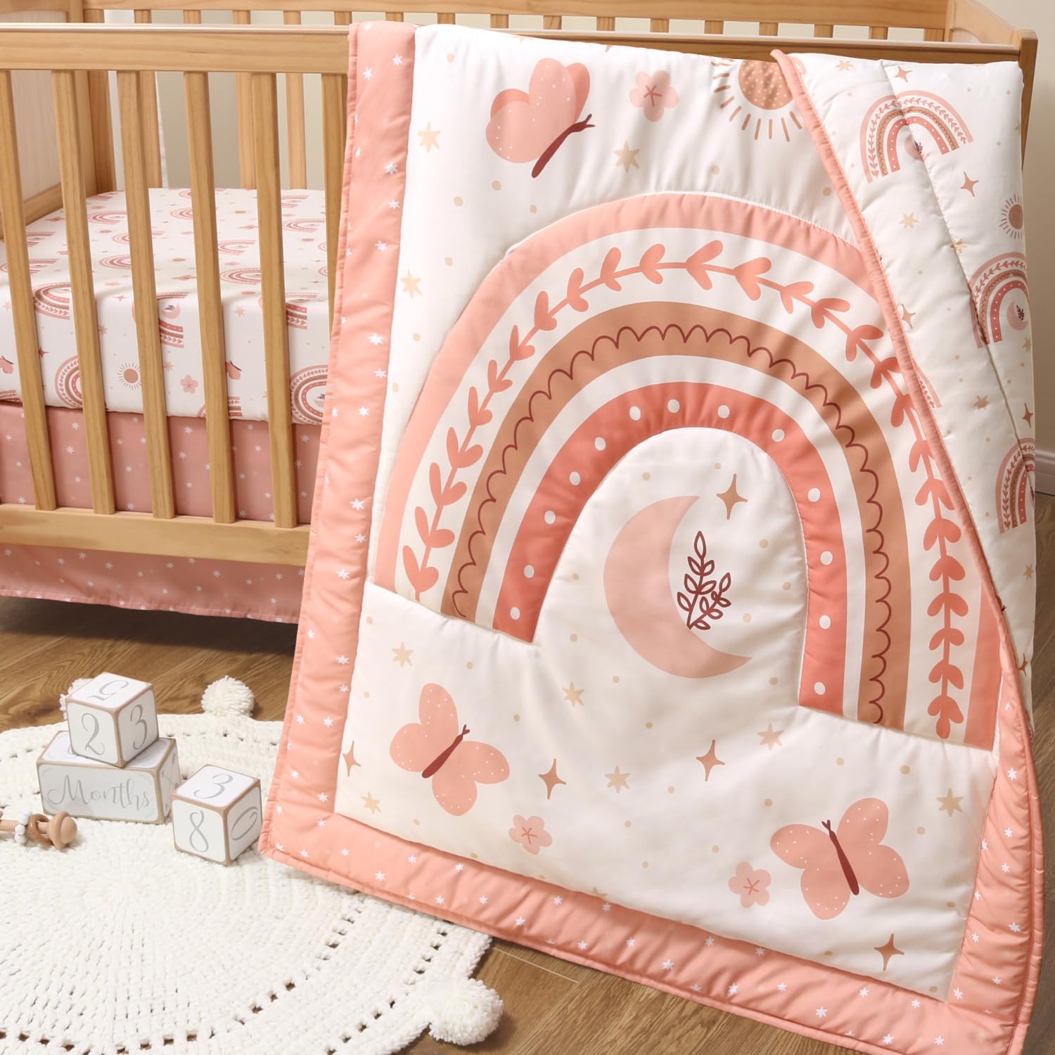 The Peanutshell 3-Piece Boho Rainbow Crib Bedding Set for Girls