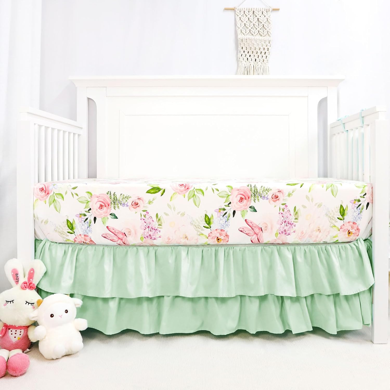 4-Piece Crib Bedding Set Green Pink
