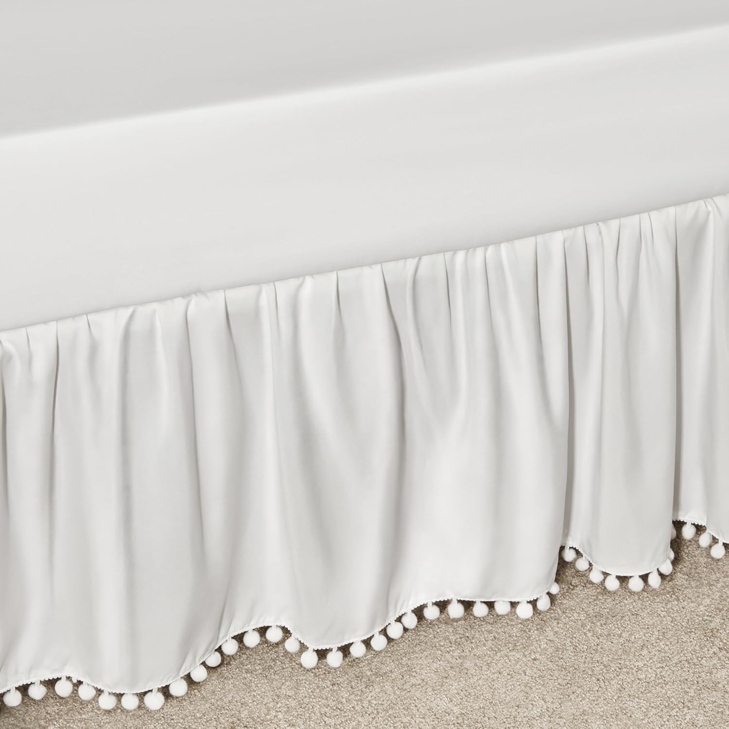 TILLYOU Crib Skirt 28x52 14 Drop White Ruffles Pompoms