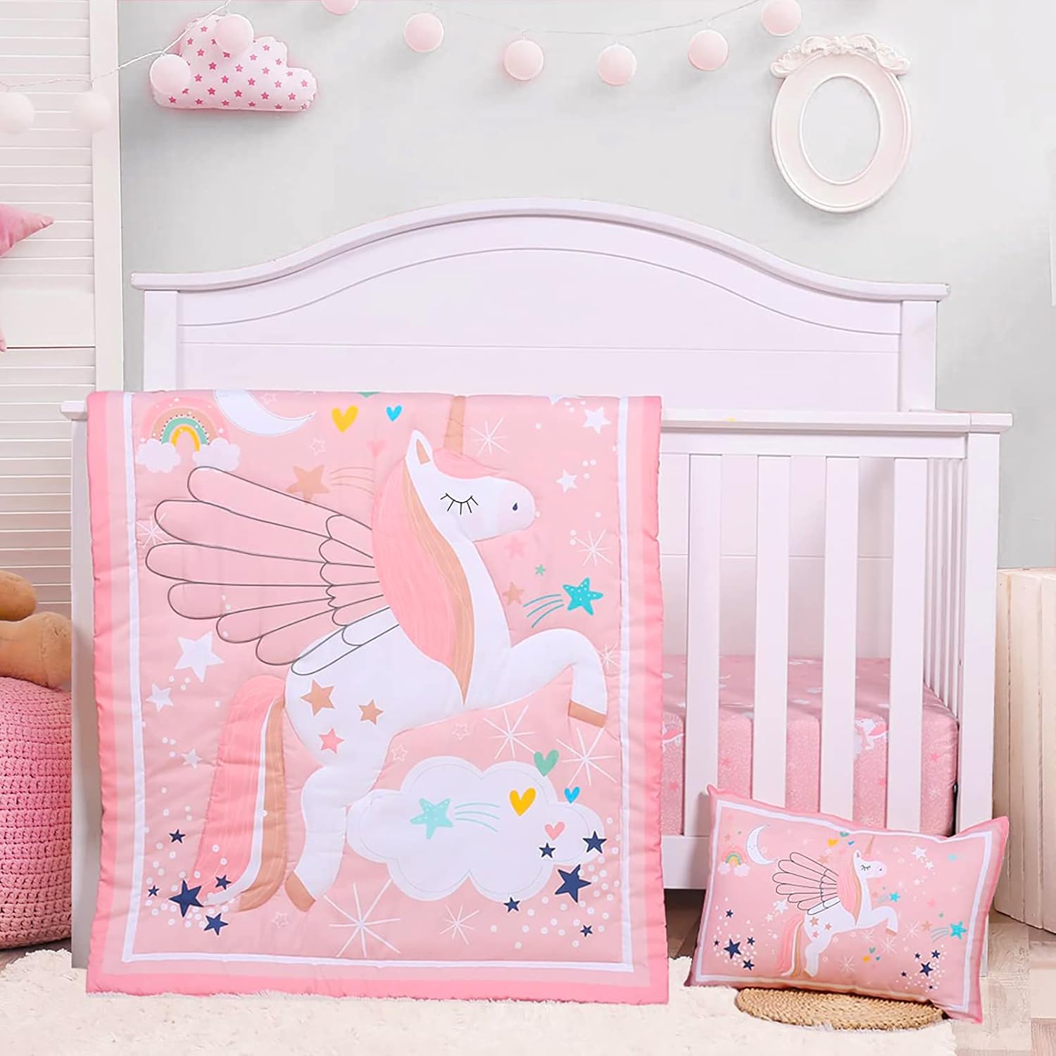 UOMNY Crib Bedding Set Girls - Pink Star 3 Piece