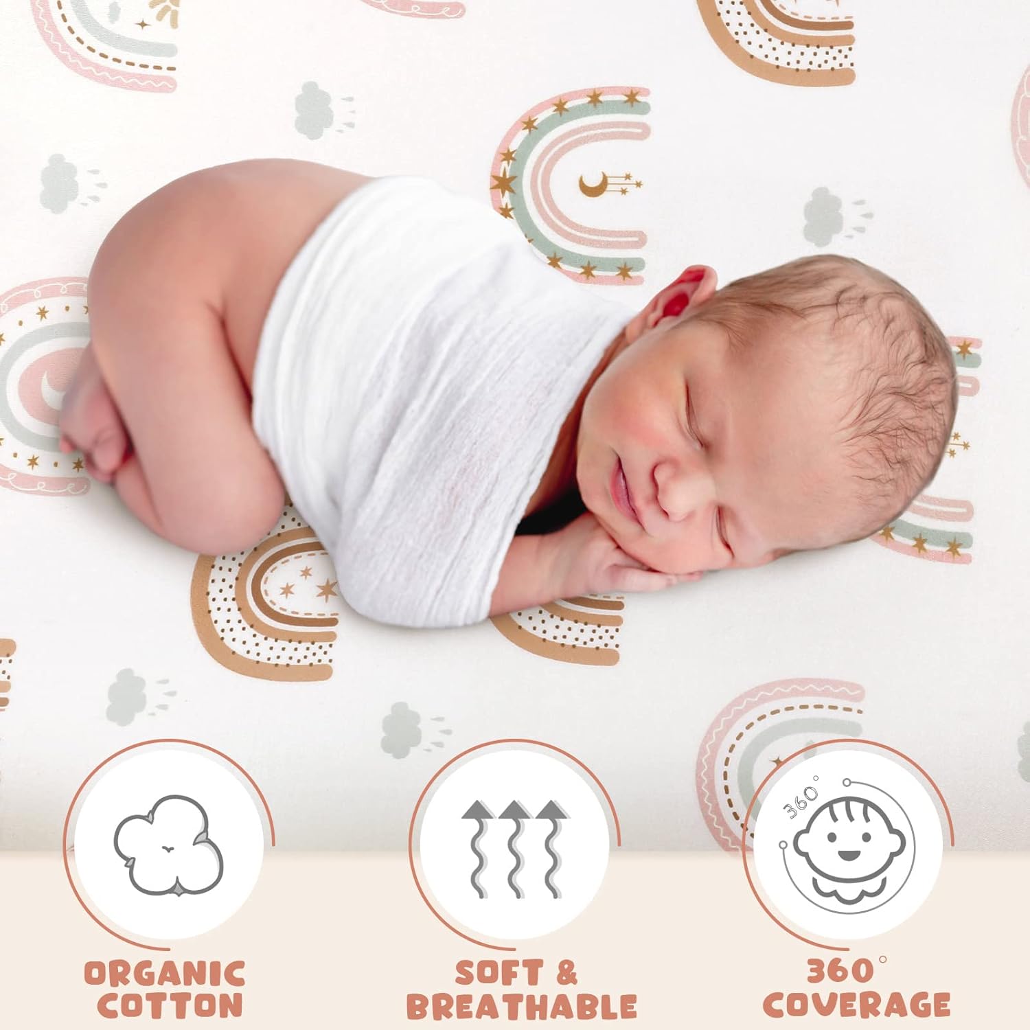 Rtteri 4 Pcs Baby Bassinet Sheets Soft Cotton Boho Rainbow