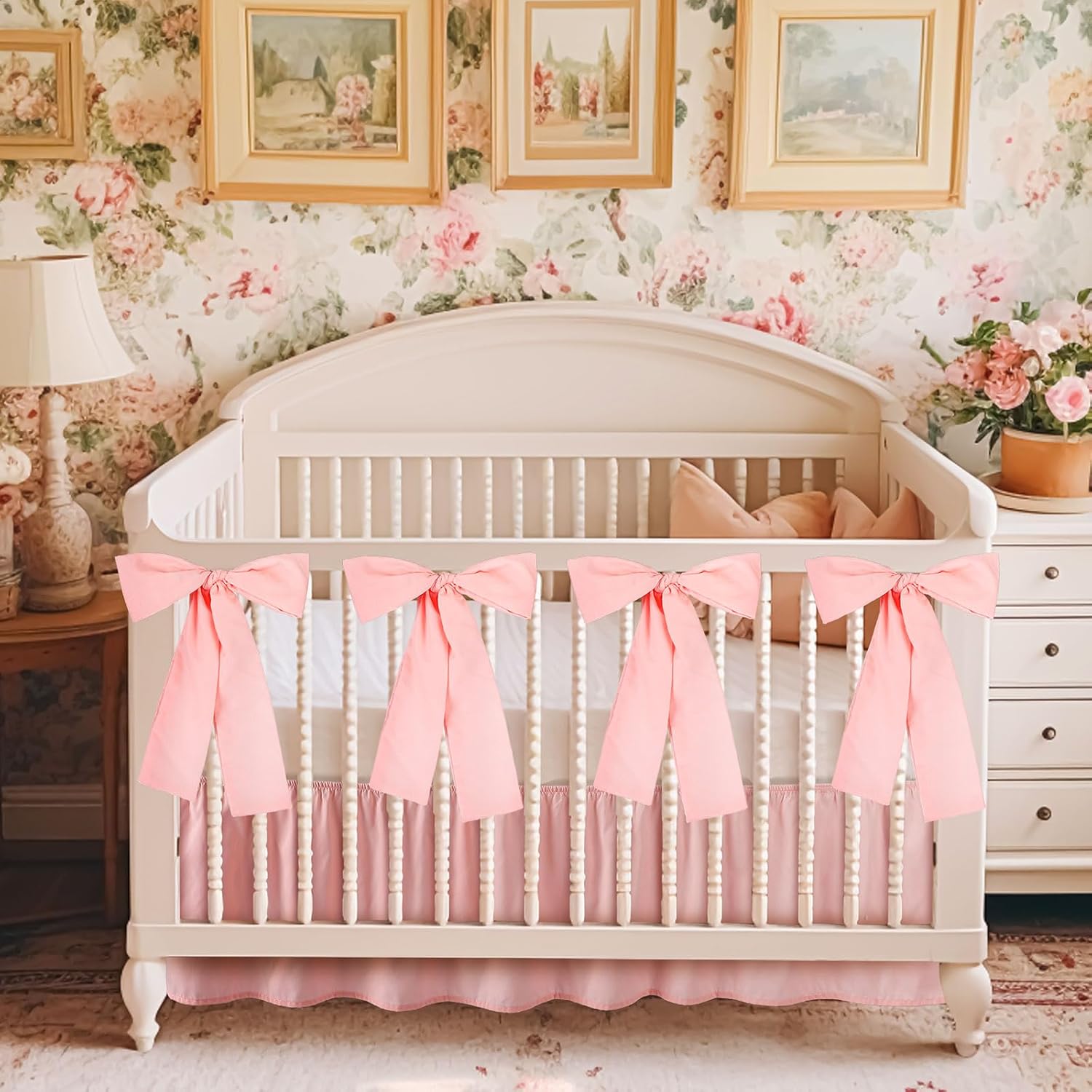 Pink Crib Skirt with 4 Large Cot Bow Baby Bed Skirt