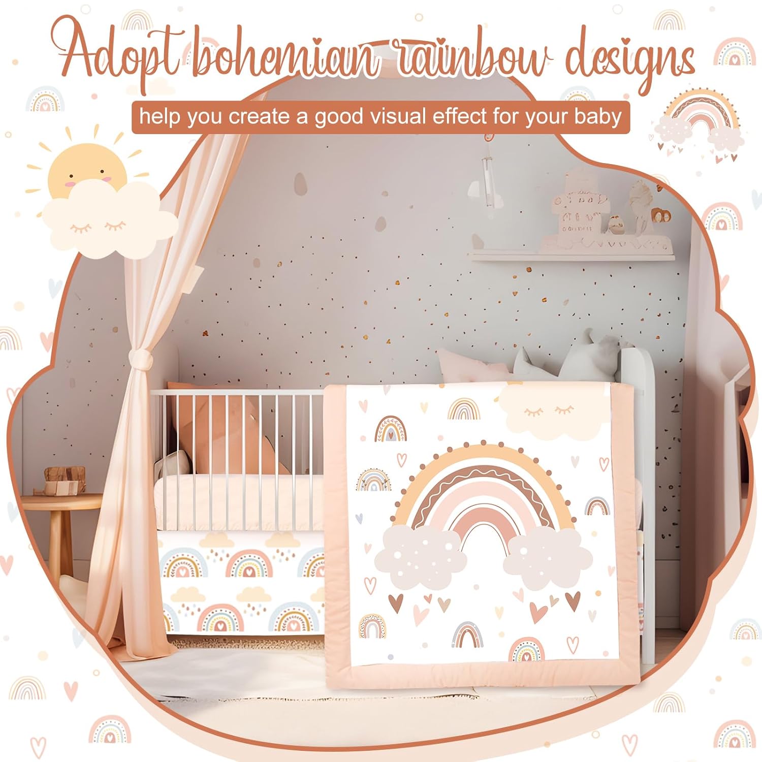 4 Pieces Bohemian Rainbow Crib Bedding Set for Boys and Girls