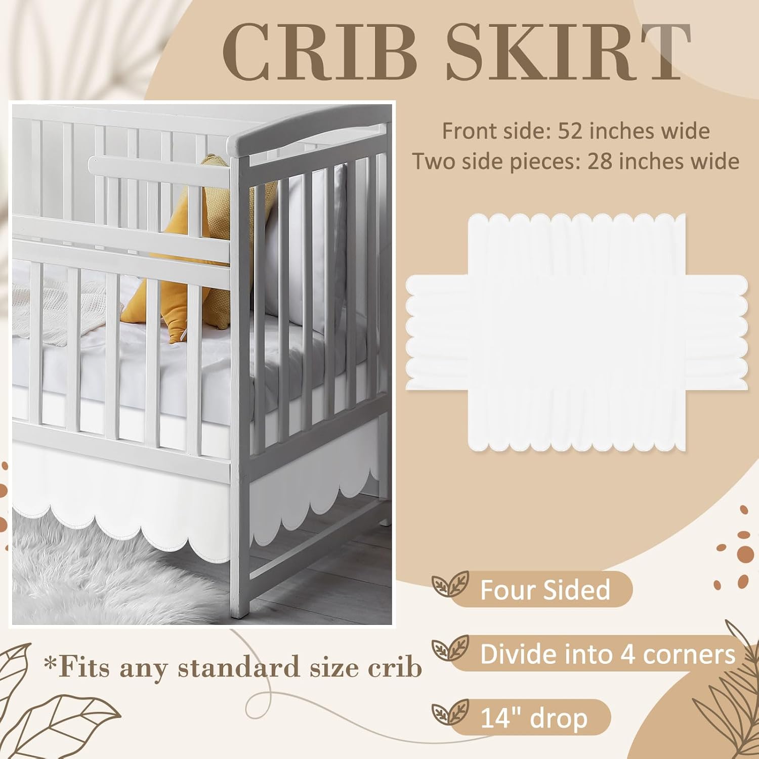 Hahafelt White Scalloped Crib Skirt 28x52 with 14 Drop Pleated Dust Ruffle