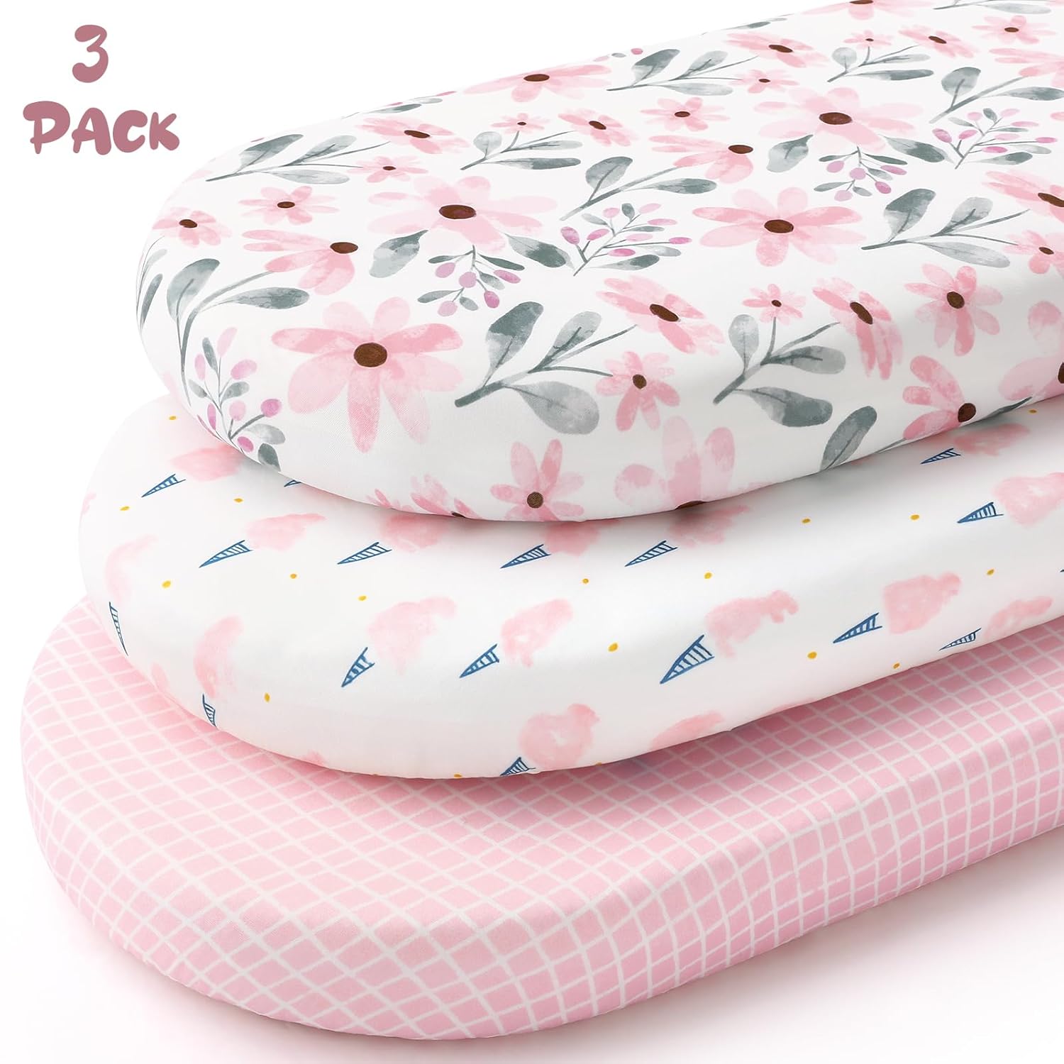 Yoofoss Bassinet Sheets 3-Pack Pink and Floral