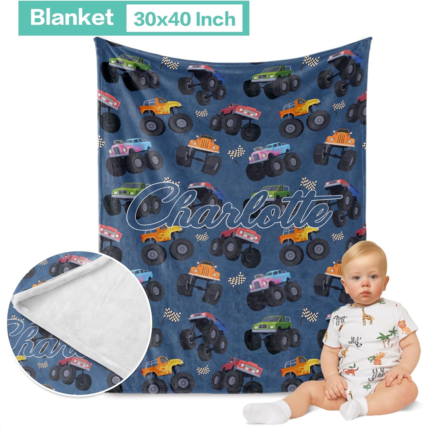 Custom Crib Bedding Set 3 Piece - Monster Trucks Design for Newborns