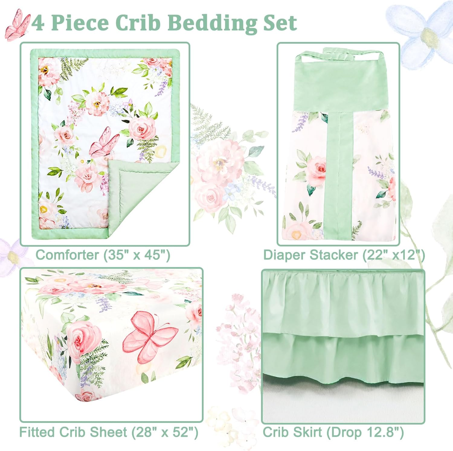 4-Piece Crib Bedding Set Green Pink