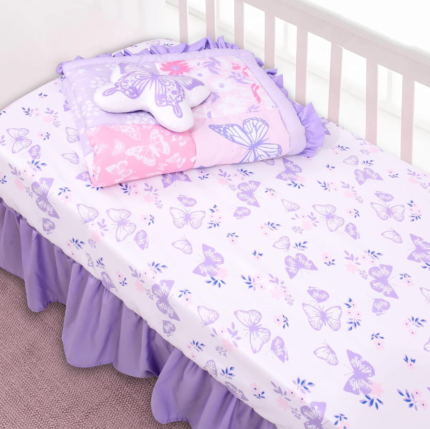 Cloele Floral Butterfly Crib Bedding Set for Girls 3 Pieces Purple