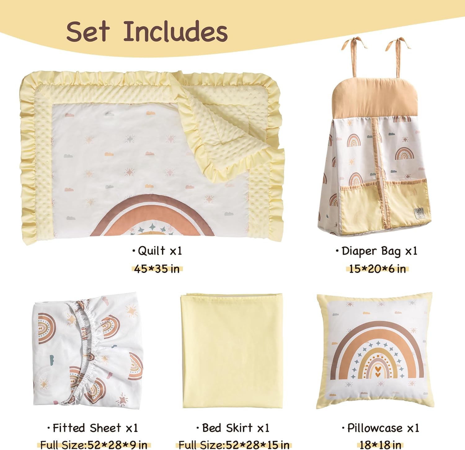 ROBUD Crib Bedding Set for Boy Girl with Rainbow Pattern Beige