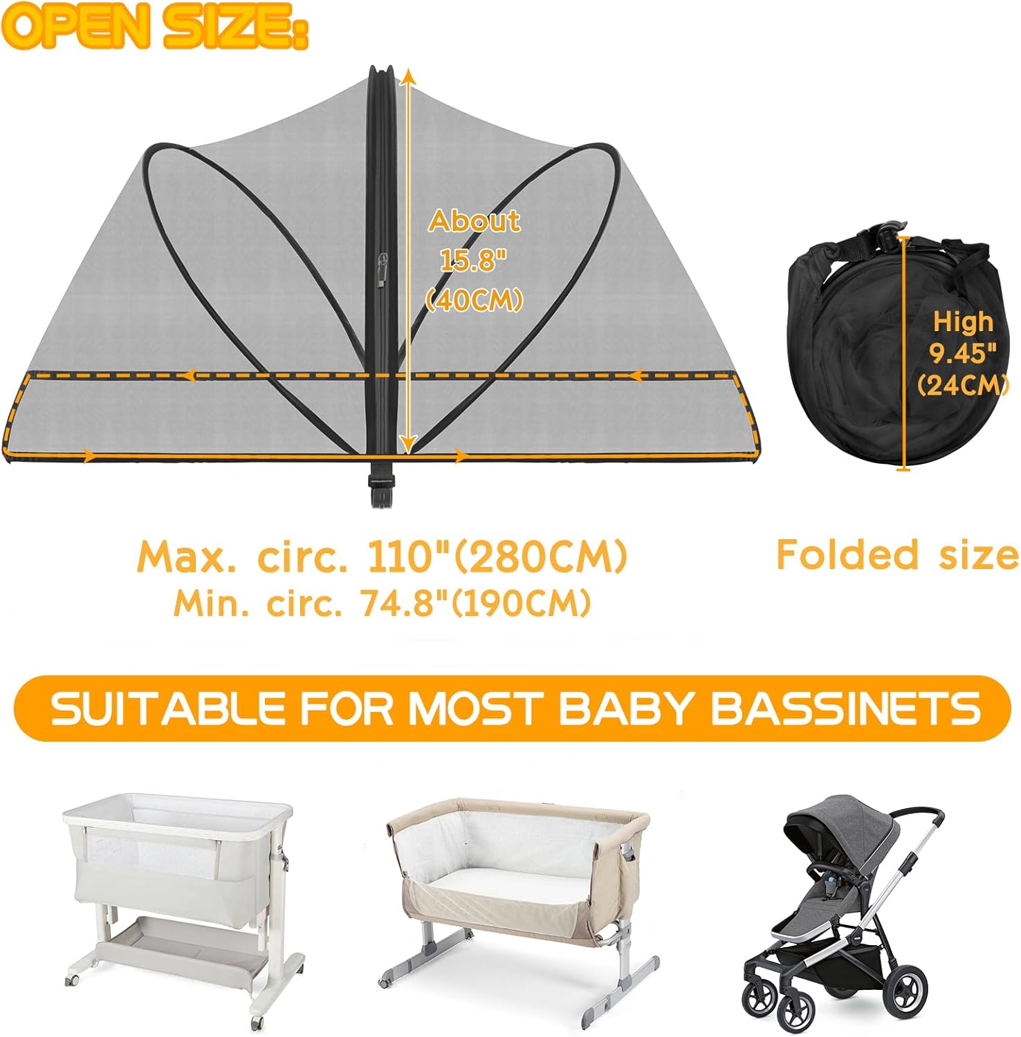 Bassinet Mosquito Net Cover - Pet-Proof with 2-Way Zipper Black-Small