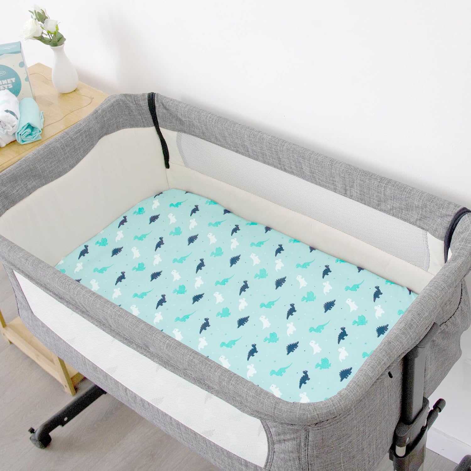 SPRINGSPIRIT Bassinet Fitted Sheets 4 Pack Aqua Dinosaurs