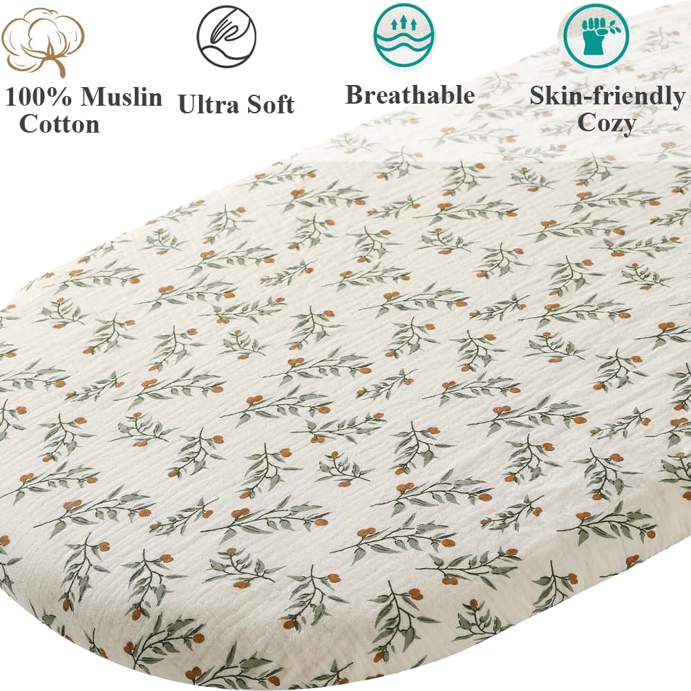 2 Pack Muslin Bassinet Sheets for Baby Roman Green Botanical Leaf