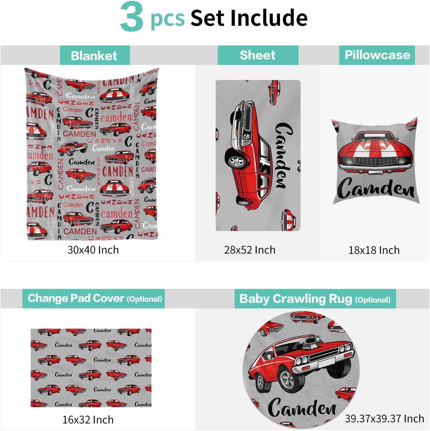 Custom Crib Bedding Set with Car Design - Personalized Name for Newborns