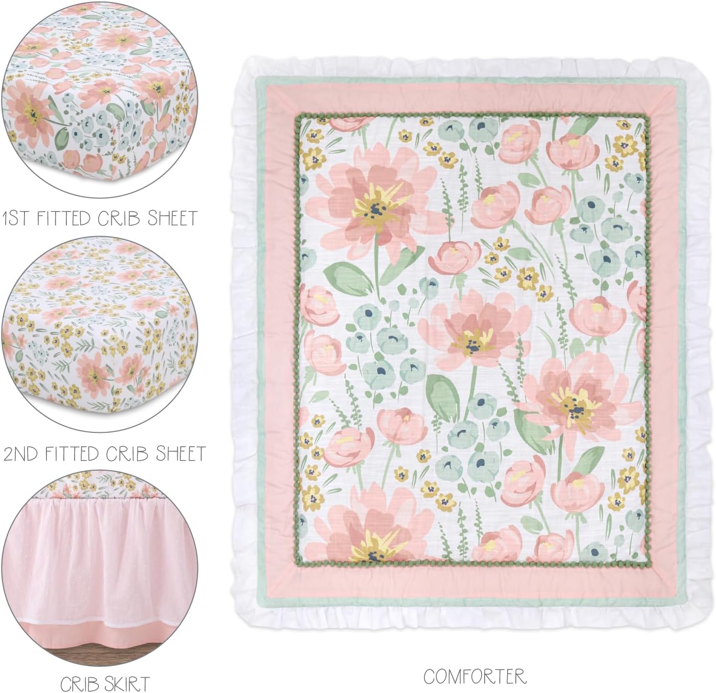 The Peanutshell 4-Piece Organic Cotton Baby Bedding Set for Girls - Wildflower