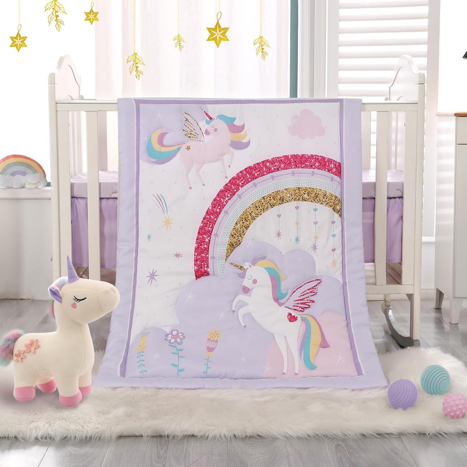 Wowelife Unicorn Crib Bedding Set Purple 3 Pieces