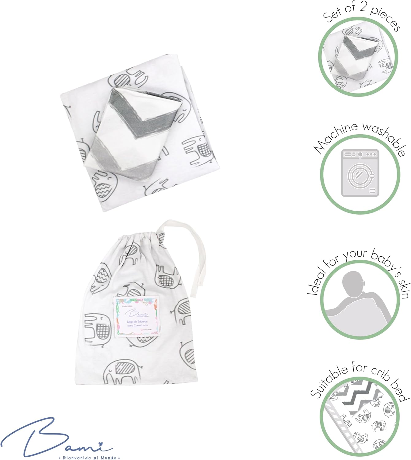 BAMI 2-Piece Cotton Crib Sheet Set Breathable Soft