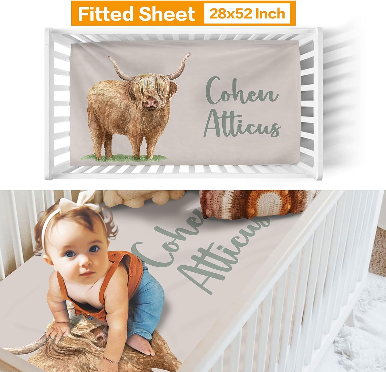 Personalized Crib Bedding Set for Boys - Highland Cow Theme with Name