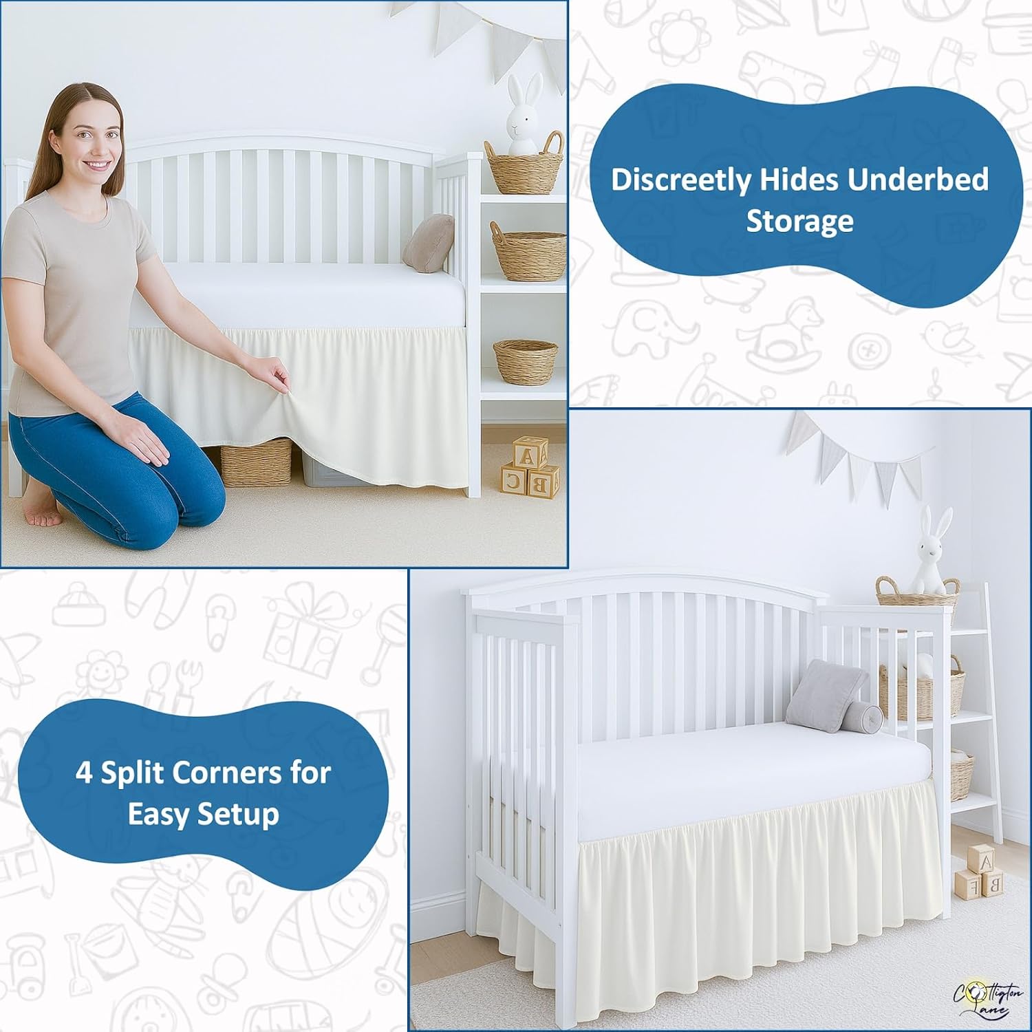 Cottington Lane Ivory Crib Skirt Dust Ruffle