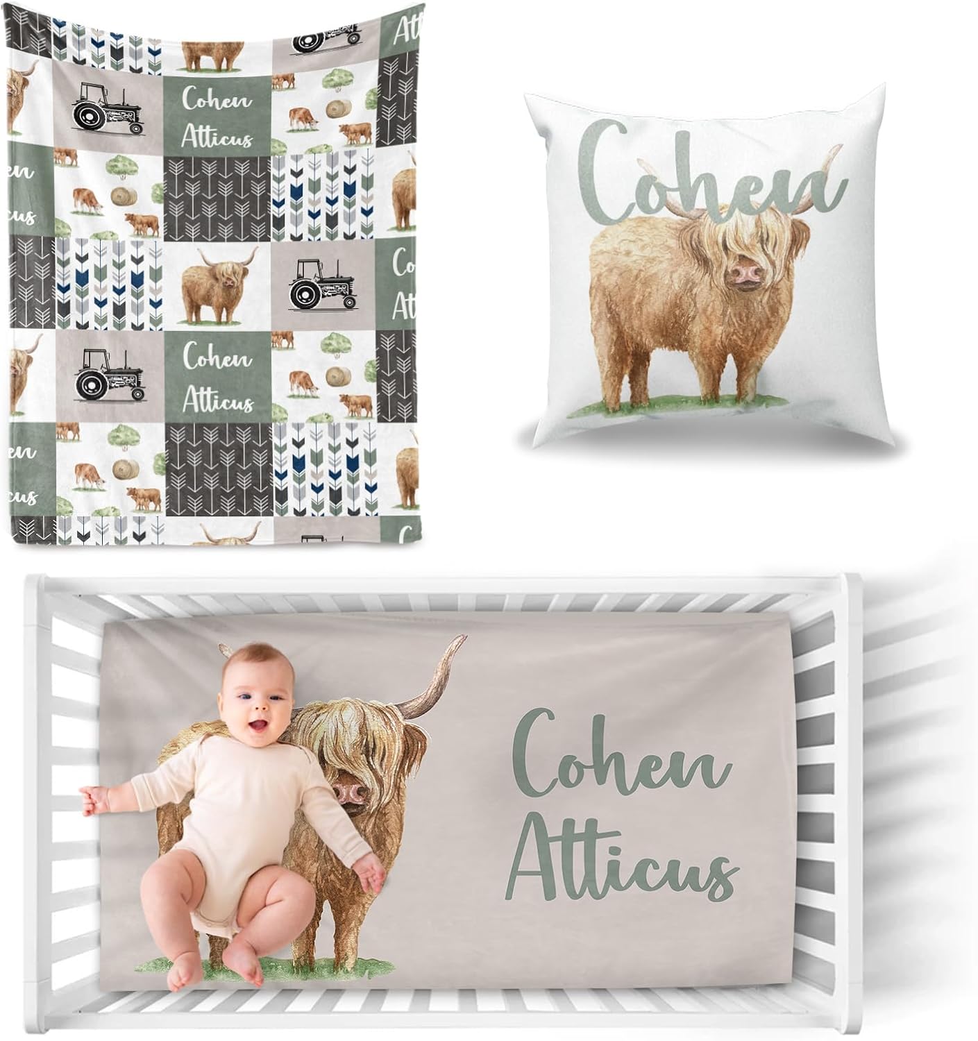 Personalized Crib Bedding Set for Boys - Highland Cow Theme with Name