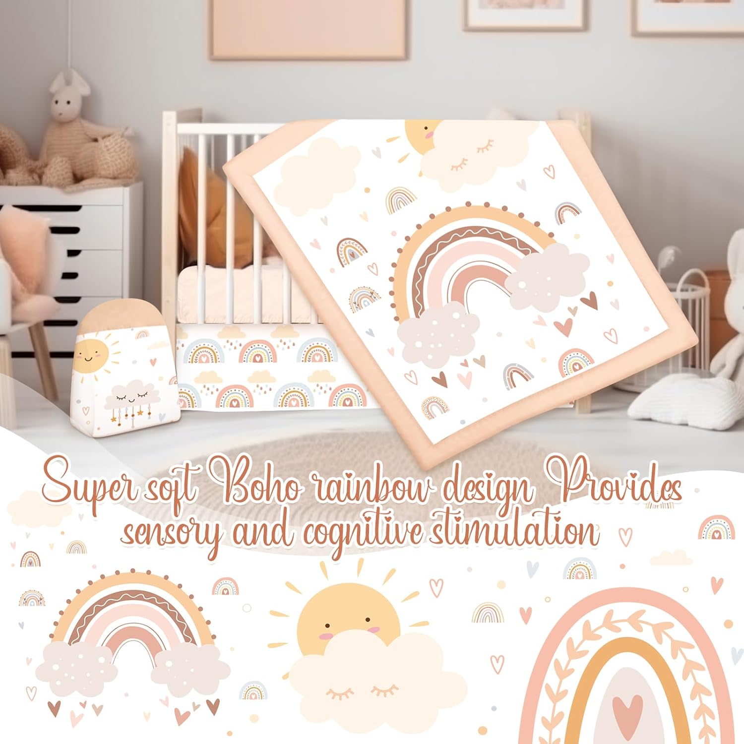 4 Pieces Bohemian Rainbow Crib Bedding Set for Boys and Girls