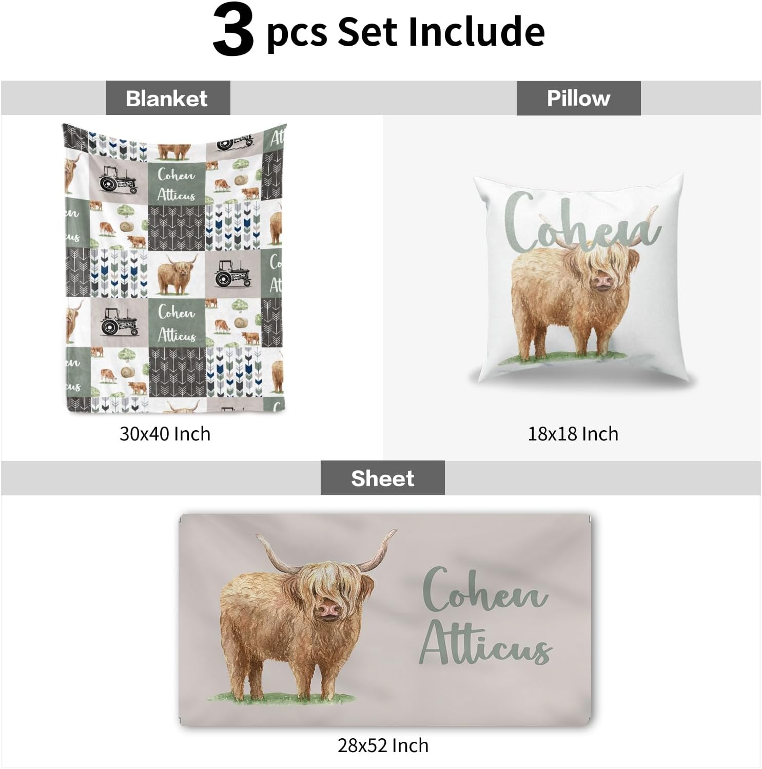 Personalized Crib Bedding Set for Boys - Highland Cow Theme with Name