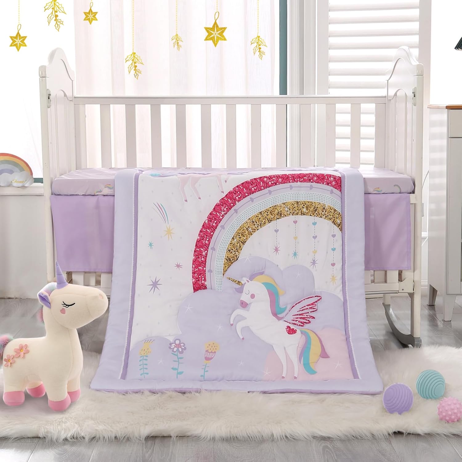 Wowelife Unicorn Crib Bedding Set Purple 3 Pieces