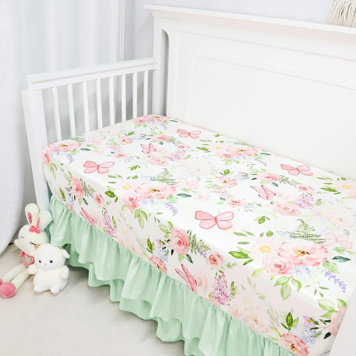 4-Piece Crib Bedding Set Green Pink