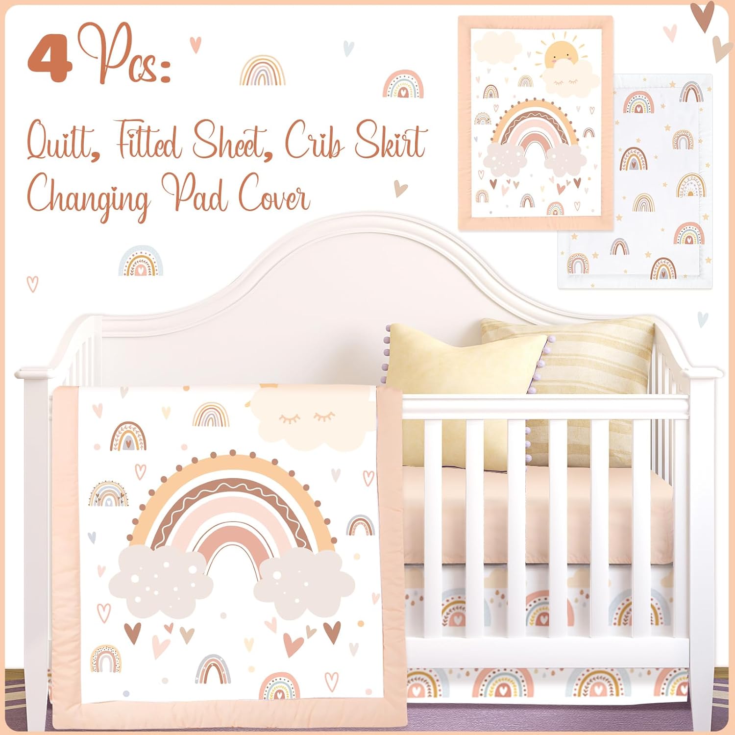 4 Pieces Bohemian Rainbow Crib Bedding Set for Boys and Girls