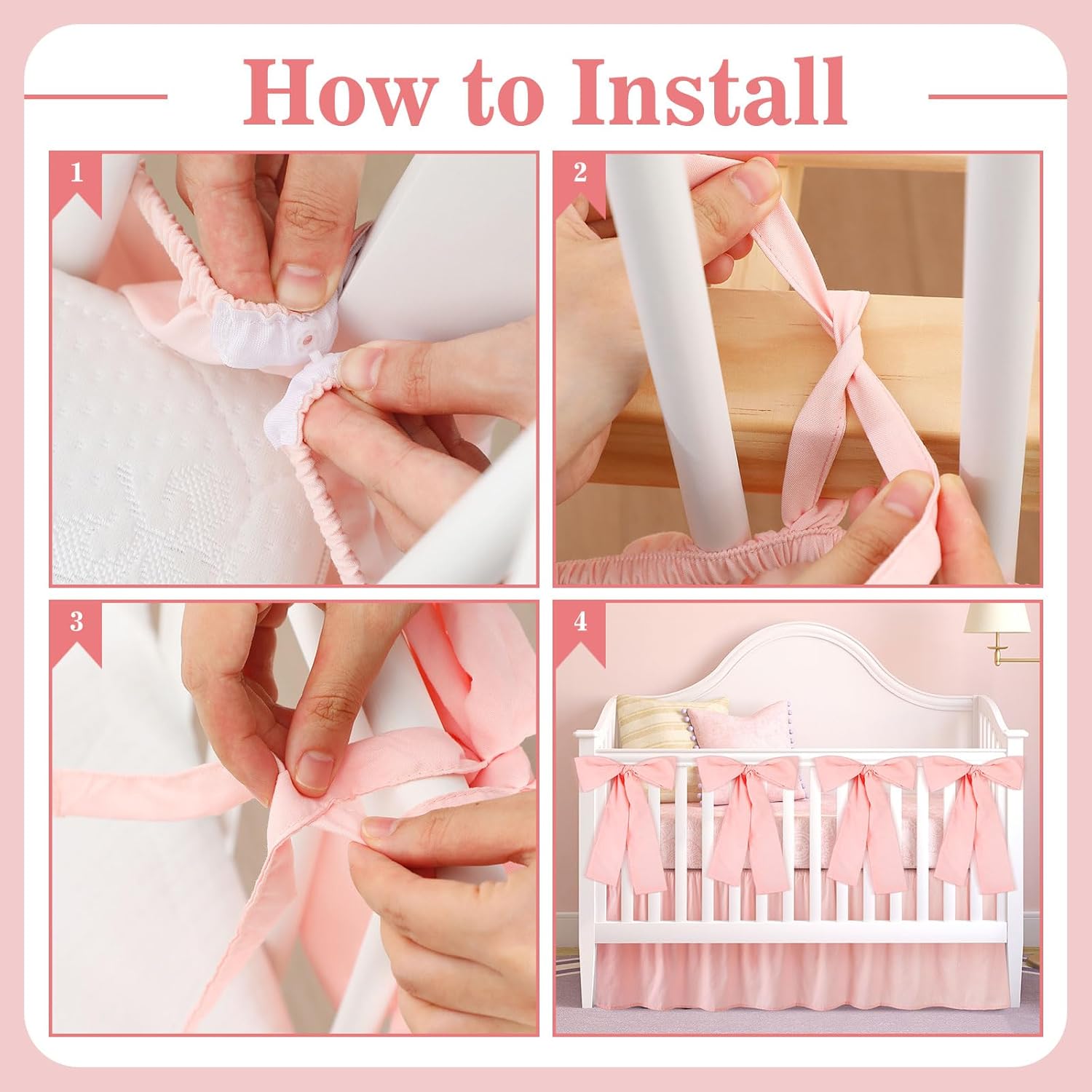 Pink Crib Skirt with 4 Large Cot Bow Baby Bed Skirt