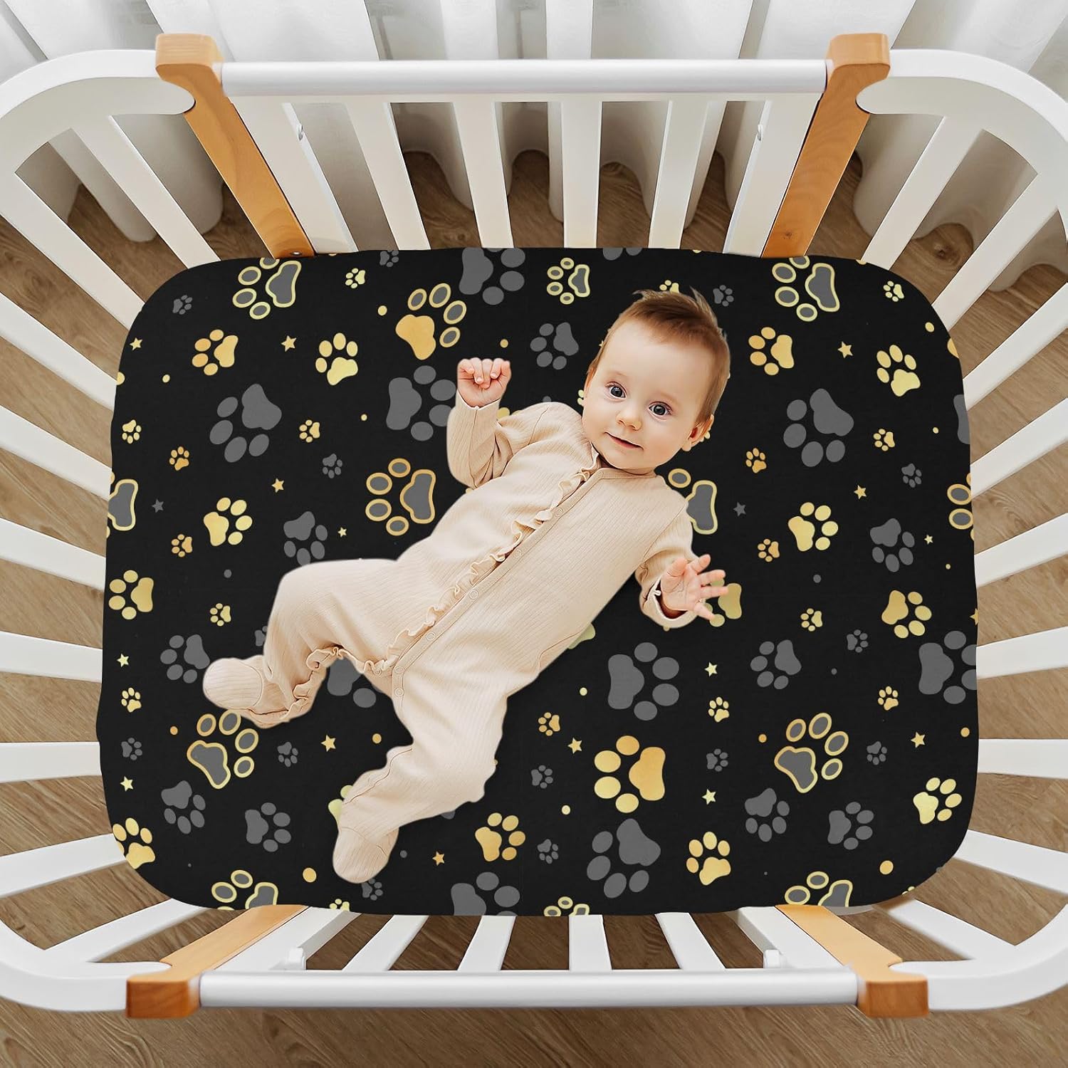 Baby Crib Sheet with Dog Paw Print and Star Design