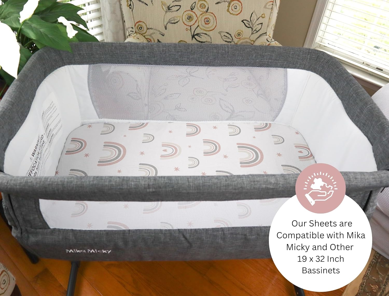 TANSY PANDA Muslin Bassinet Sheets 3 Pack 19x32in Pink Rainbow