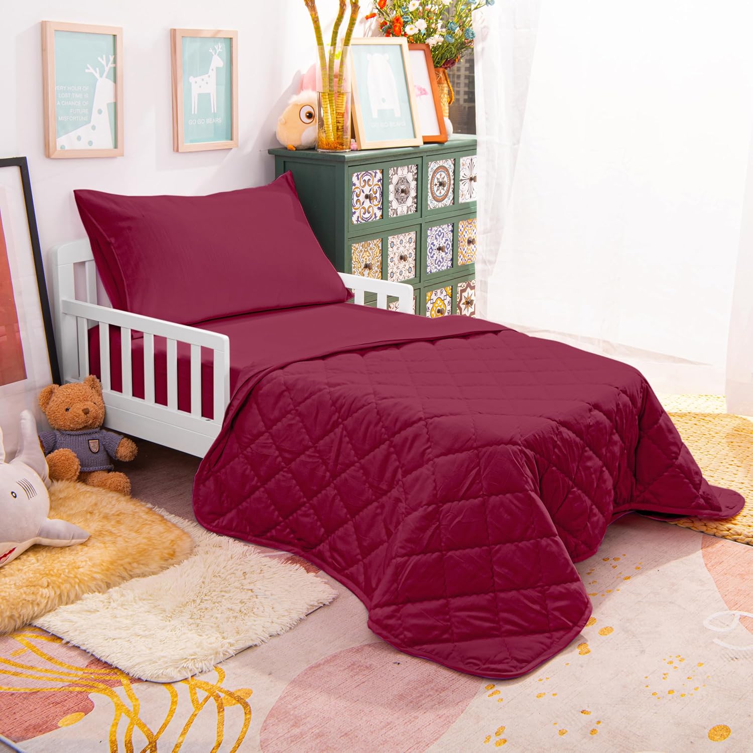 NTBAY Toddler Bedding Set - 4 Piece Wine Red 1