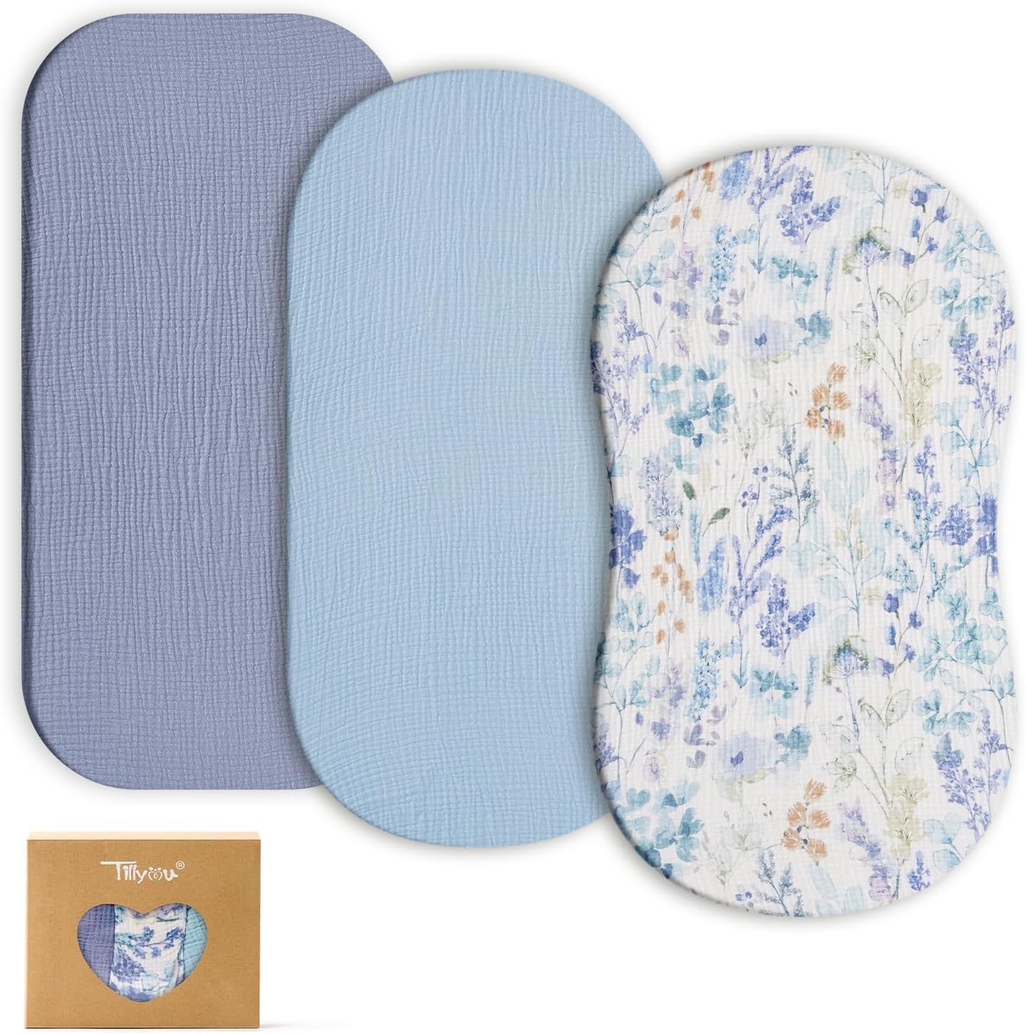 TILLYOU Muslin Bassinet Sheets 3 Pack Soft Breathable Cotton