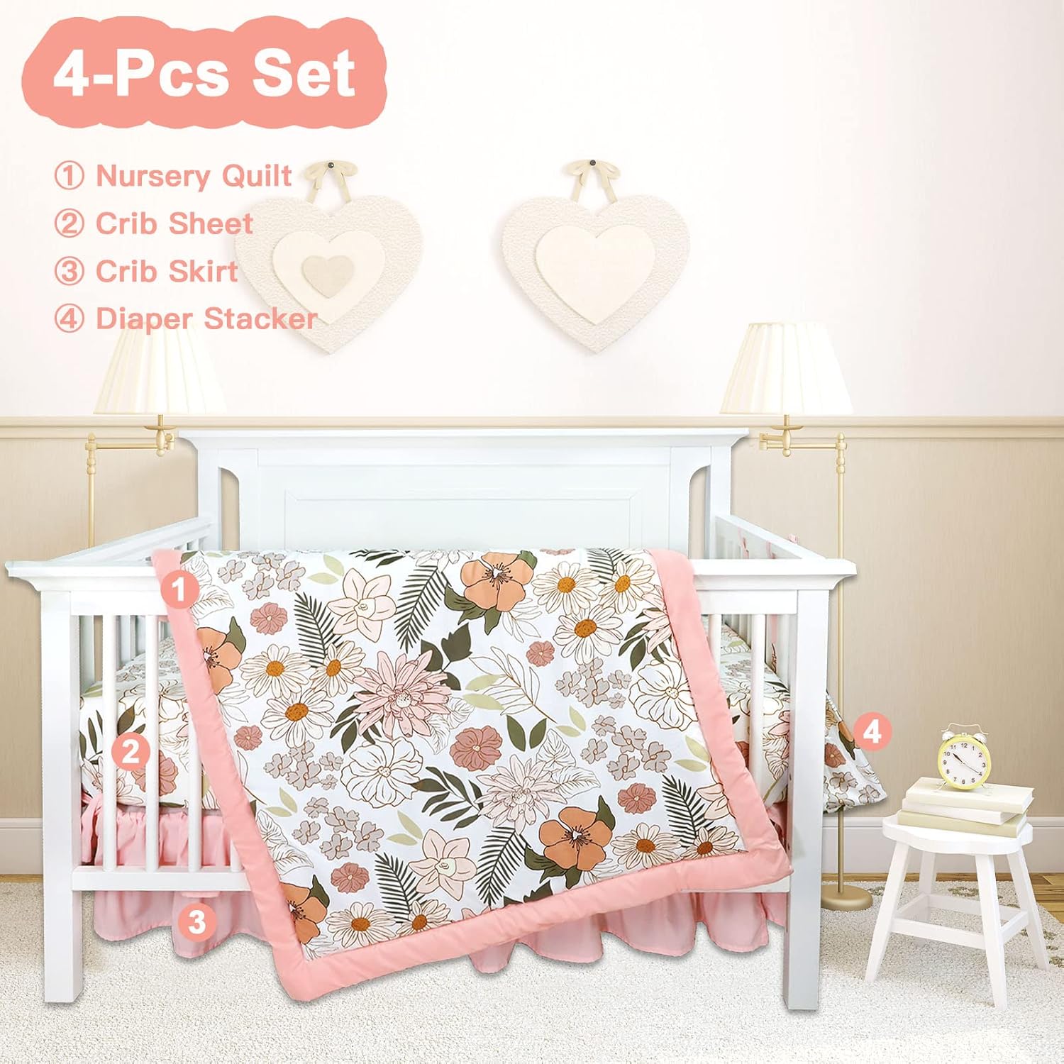 4-Piece Crib Bedding Set for Girls with Daisy Flowers