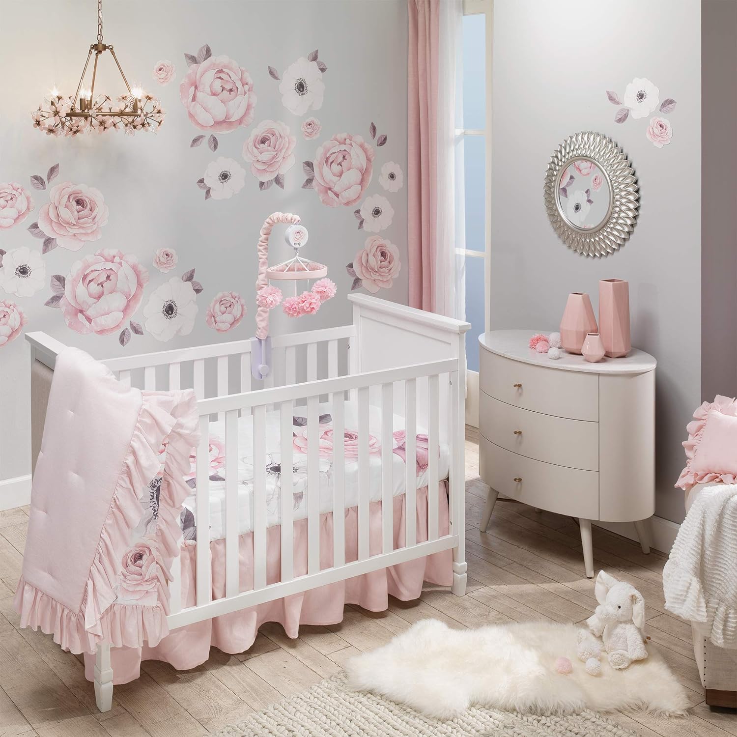 Lambs Ivy Floral Garden Pink Linen Crib Skirt