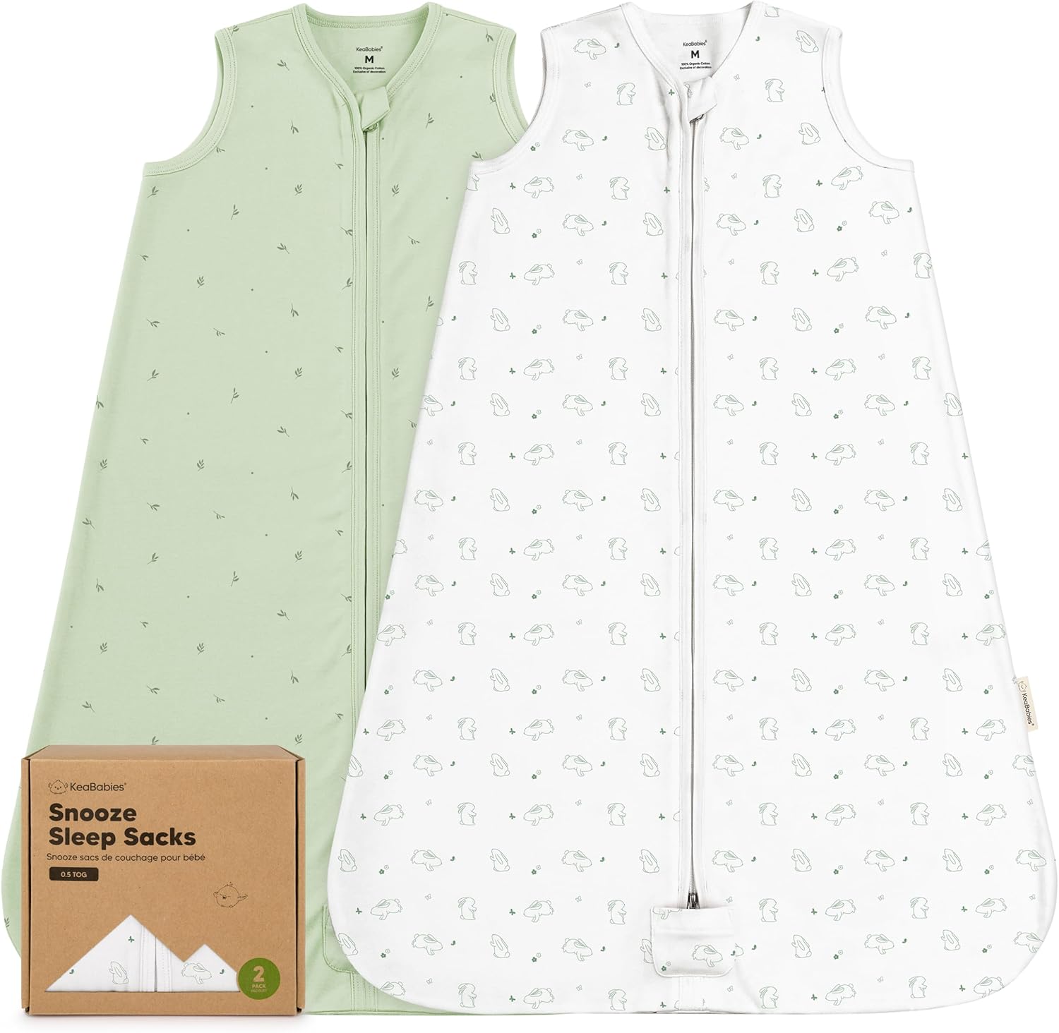 KeaBabies 2-Pack Zipper Sleep Sacks - 05TOG Organic Cotton Bunnies