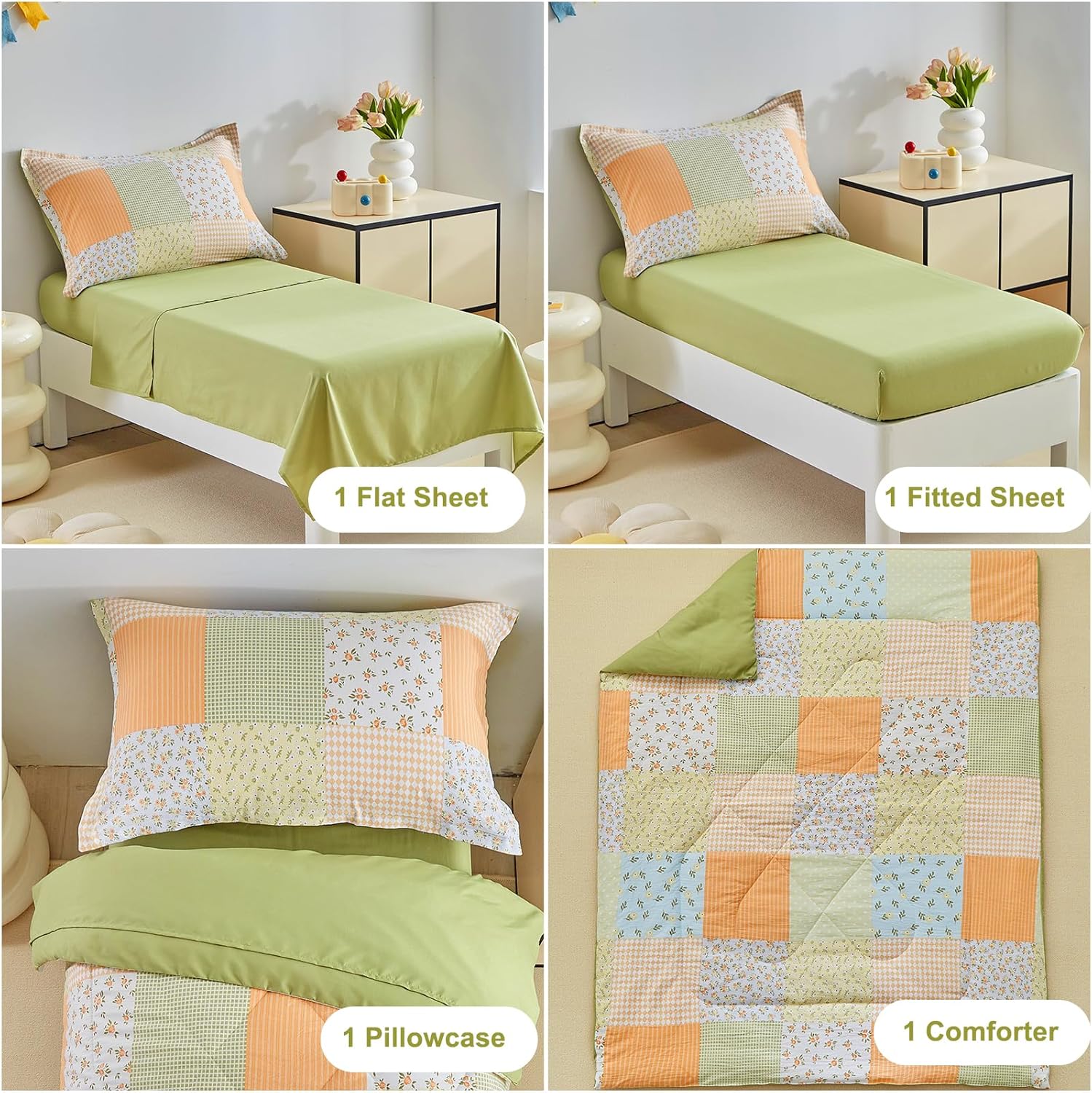 DuShow Toddler Bedding Set 4 Piece Orange Floral