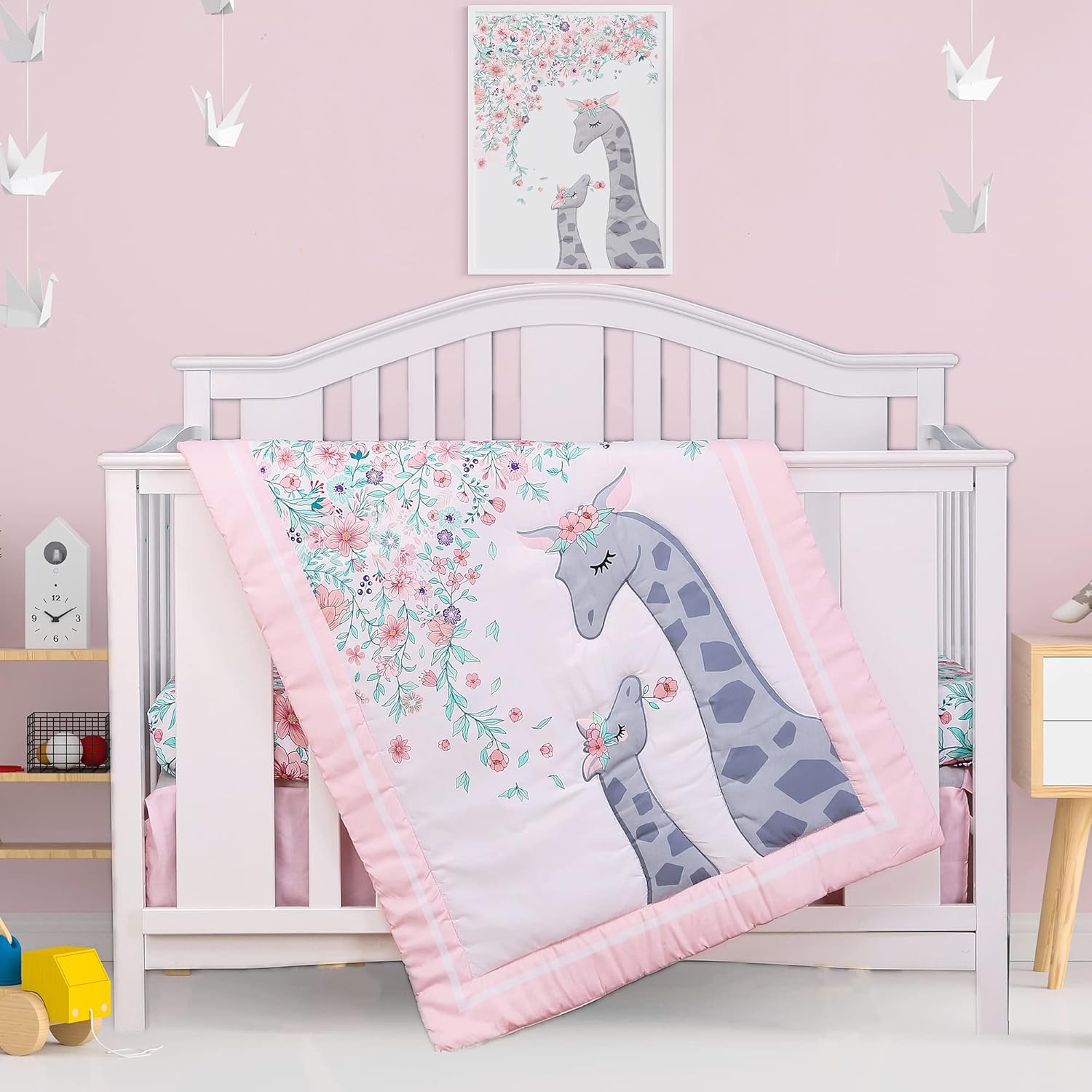 Girl Crib Bedding Set with Giraffe Floral Design