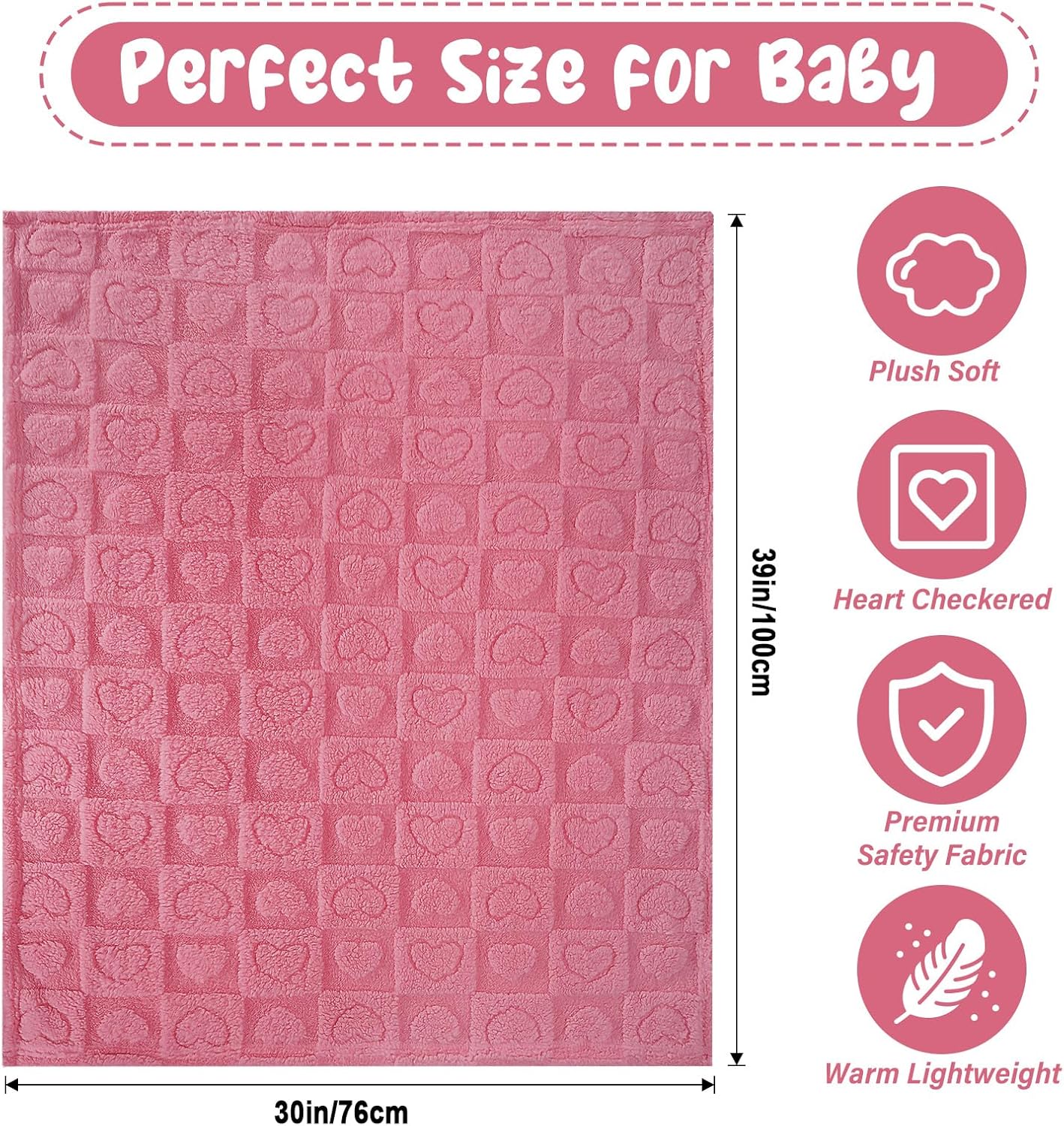 VEIDIA Plush Soft Checkered Baby Blanket 3039 Deep Pink Heart