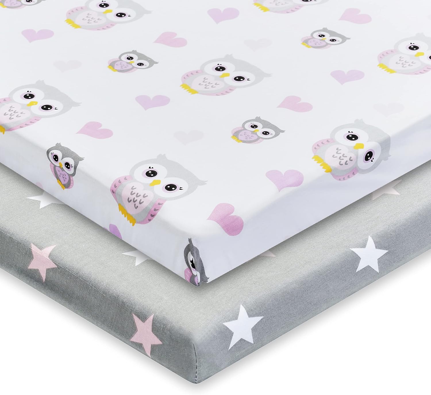 EVERYDAY KIDS 2 Pack Cradle Sheets - Pink Purple Owl Heart Star 100 Cotton