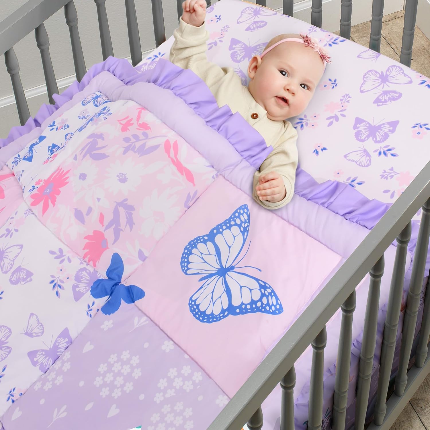 Cloele Floral Butterfly Crib Bedding Set for Girls 3 Pieces Purple