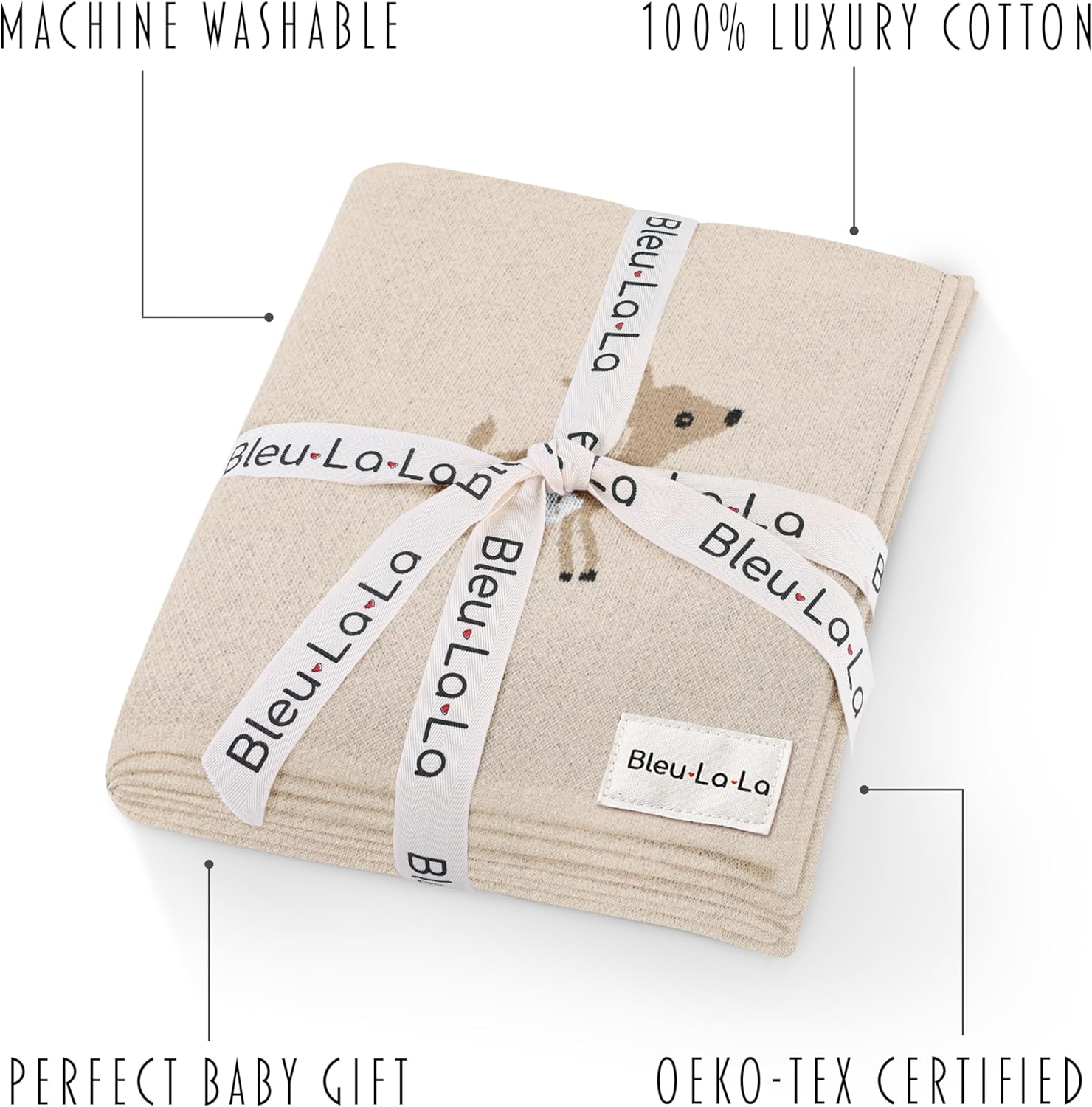 Bleu La La Knit Baby Swaddle Blanket - Deer Theme Taupe 100 Cotton