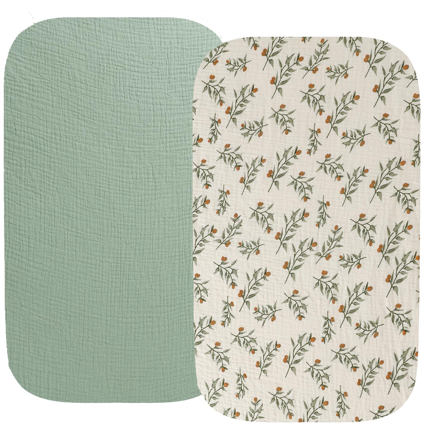 2 Pack Muslin Bassinet Sheets for Baby Roman Green Botanical Leaf